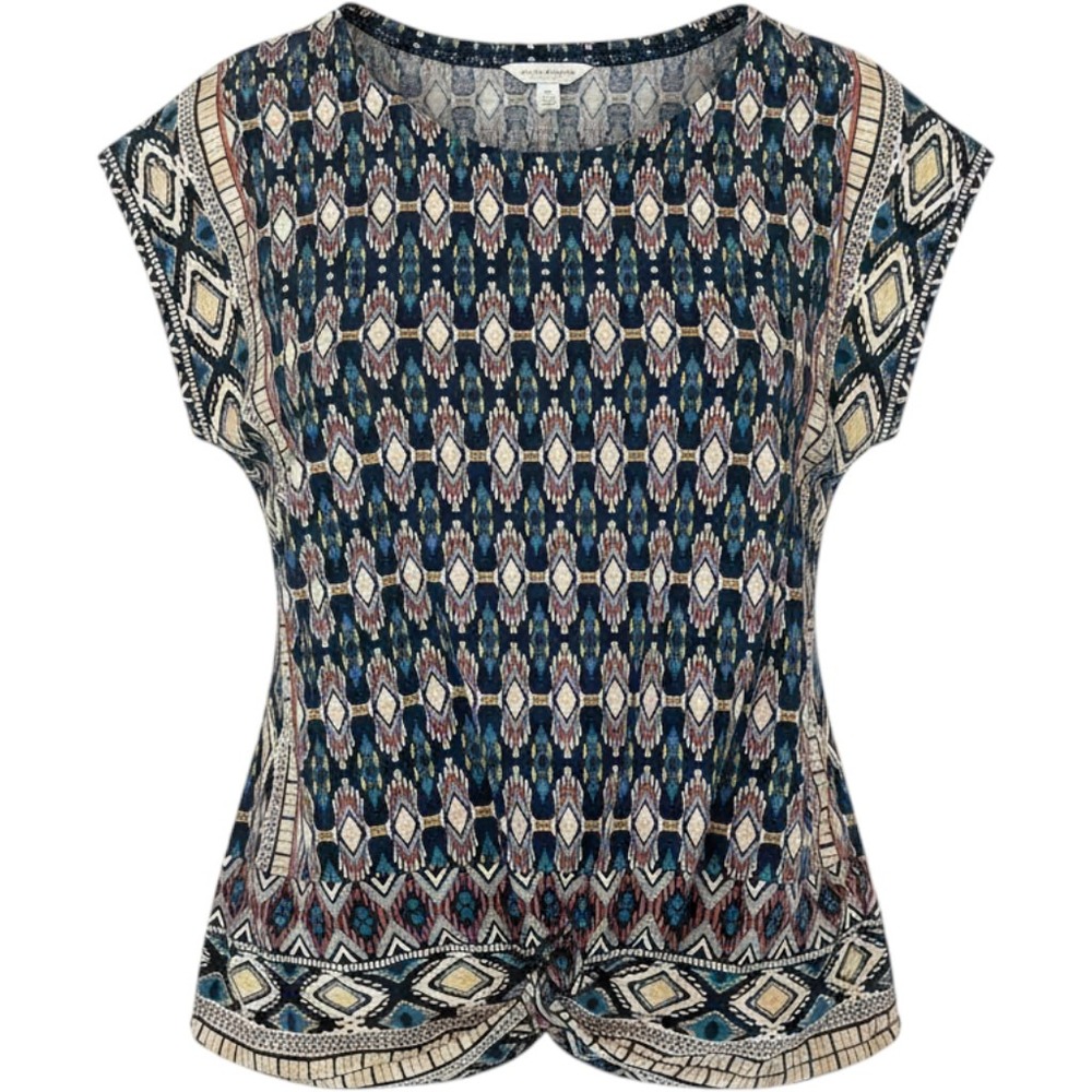 Lucky Brand Print Top - Geometric, Knotted, Cap Sleeve - Size S